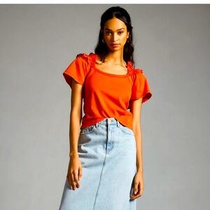Anthropologie Orange Ruffle Sleeve Top